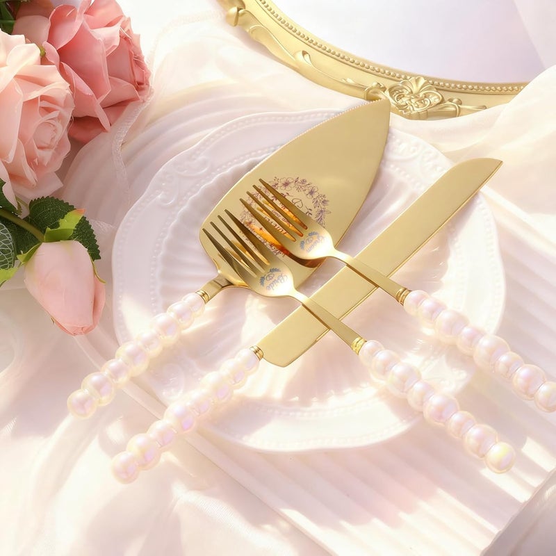 kingump 4 Piece Wedding Cake Cutting Set, Knife and Server with Forks, Elegant Wedding Cake Knife and Server Set for Bride and Groom(Pearl Handle Gold) - Image 5